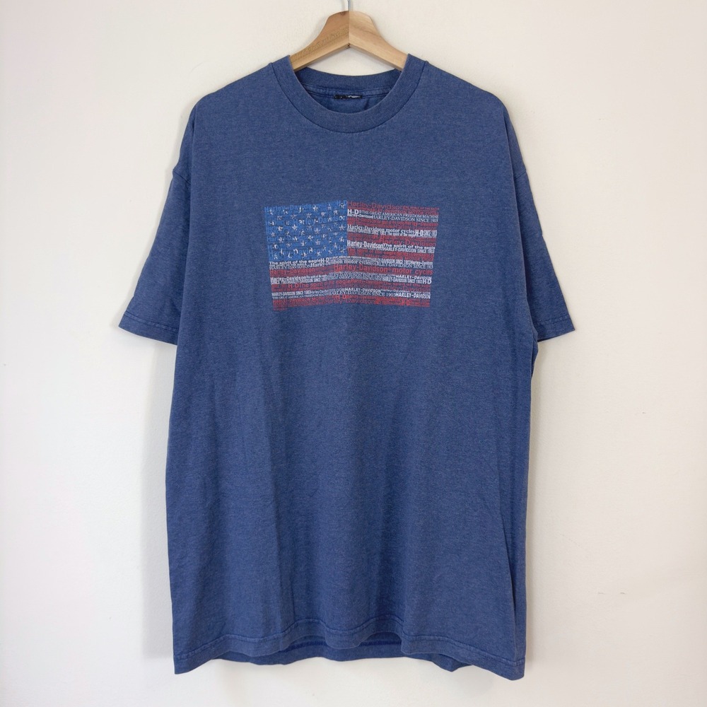 Vintage Harley Davidson USA Flag El Paso Texas Motorcycle Blue Tee Shirt - XL